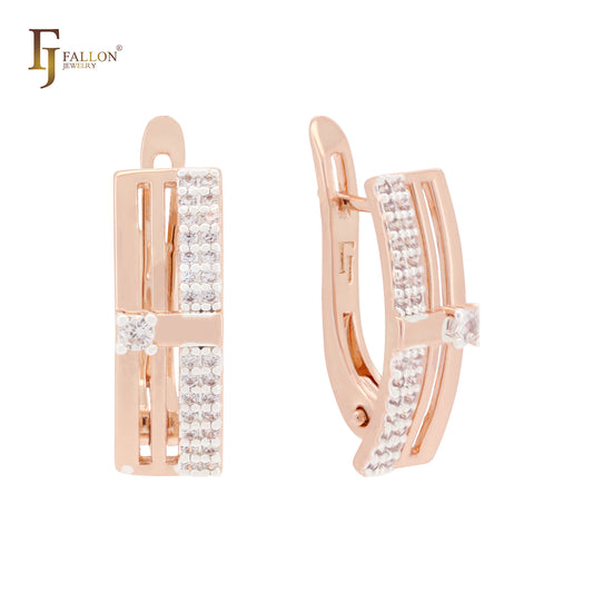 Minimalism elegant paved white CZs Rose Gold two tone Russian Lock Earrings