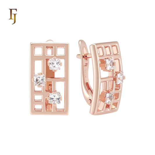 Rectangular window of white CZs Rose Gold Russian Lock Earrings