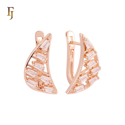 Crescent wide cluster white CZs Baguette Rose Gold Russian Lock Earrings