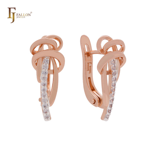 Wonderful interwining vines design with white CZs Rose Gold two tone Russian Lock Earrings