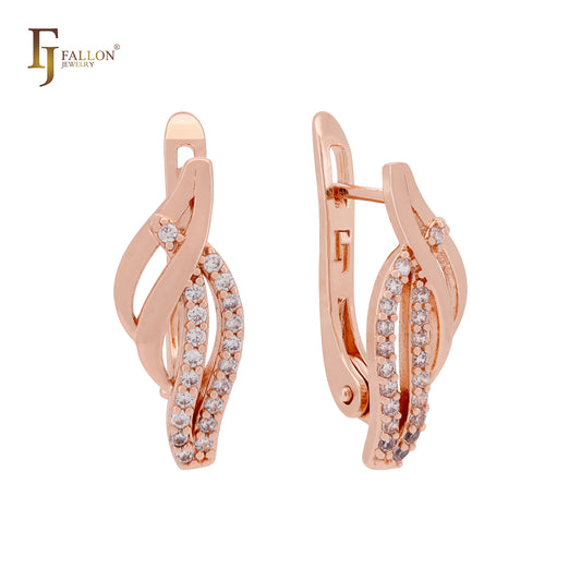 Paved white CZs crossing Ribbon bands Rose Gold Russian Lock Earrings