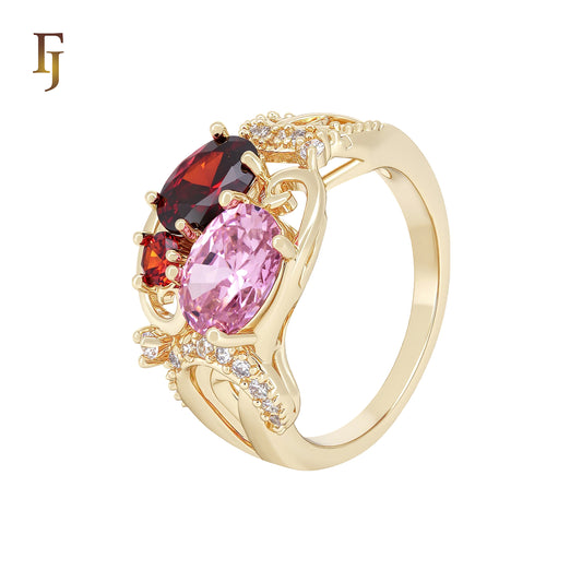 Scarlet Red and Pink Cluster Colorful stones 14K Gold Fashion Rings
