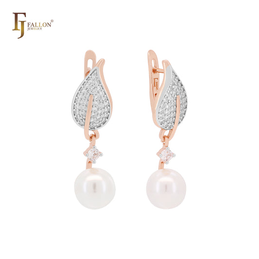 Leaves and Pearl cluster white CZs Rose Gold Russian Lock Earrings