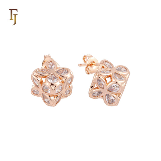 Luxurious Geometric of multi Pear shaped white CZs flower cube 14K Gold, Rose Gold Stud Earrings