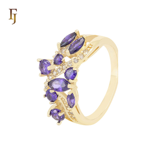 Cluster flower purple CZs 14K Gold Fashion Rings