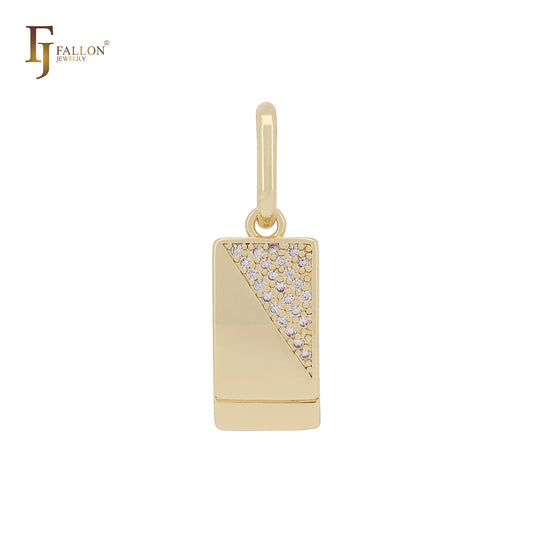 Прямоугольный квадратный кулон из полубелых фианитов 14 каратного золота