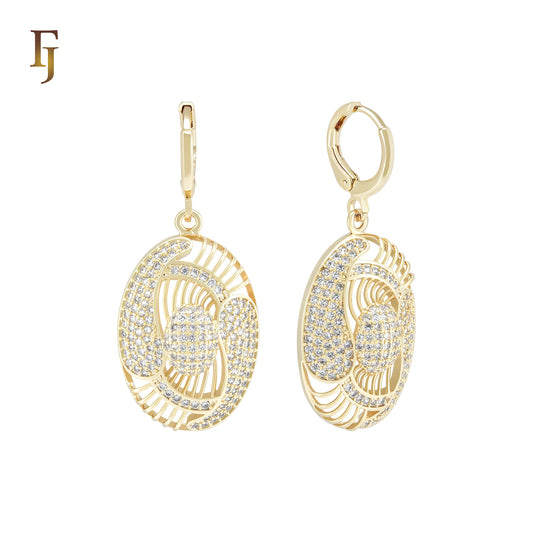 Oval filigree white CZs drop 14K Gold Huggie Earrings