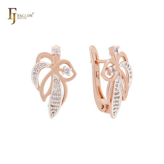 Wide Leaves of white CZs Rose Gold two tone Russian Lock Earrings