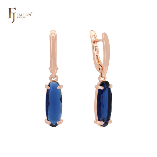 Long Oval Solitaire Colorful CZ Rose Gold Russian Lock Earrings