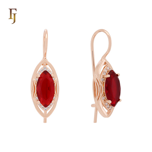 Rose Gold Wire Hook Earrings with Halo Zircon and Blue, Red, or Green Gem – 11×21.8mm | FJ Fallon Jewelry