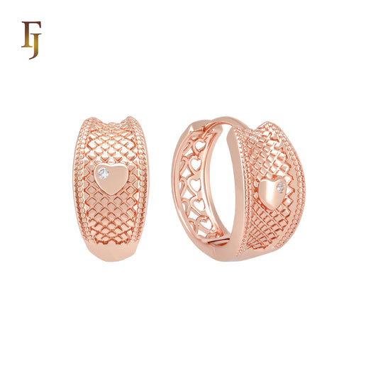 Textured mesh heart of white CZ Rose Gold Huggie Earrings