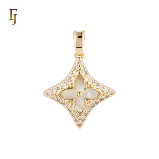 Lucky star Halo white CZs Clover of Black or white Onyx 14K Gold, Rose Gold Pendant