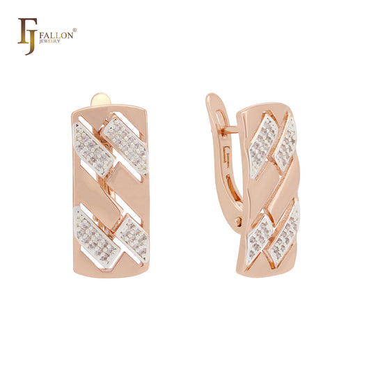 Bricks of white CZs Geometric Rose Gold two tone Russian Lock Earrings