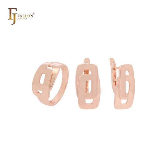 Conjunto de joyas de oro rosa con anillos y ventanas superpuestas geométricas de doble círculo.