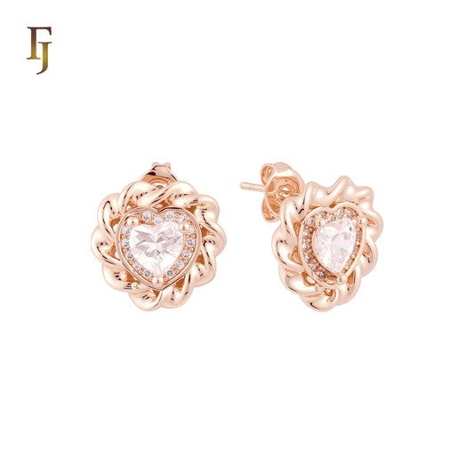 Rounded Spinning ribbon of heart halo white CZs 14K Gold, Rose Gold Stud Earrings