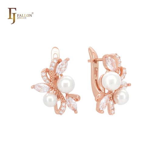 Luxurious pearls and white CZs Rose Gold Russian Lock Earrings