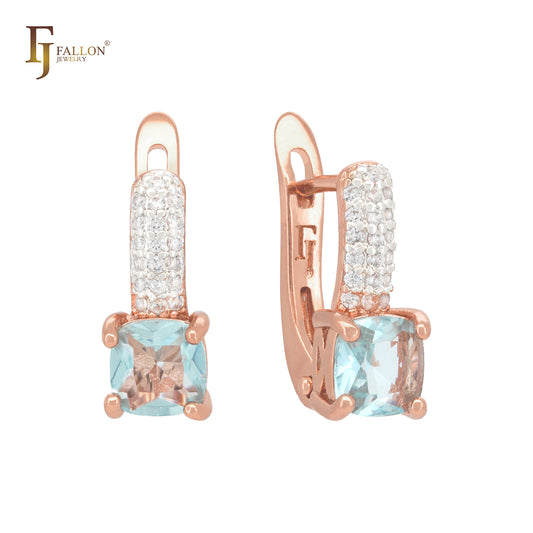 Luxurious triple paved white czs band with lake blue CZ Rose Gold Russian Lock Earrings