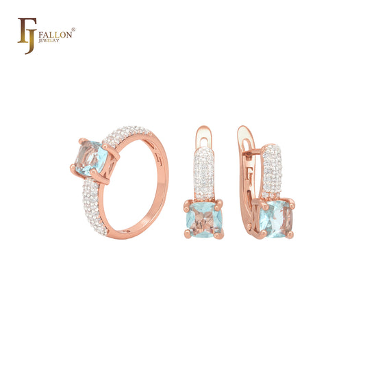 Luxuoso conjunto de joias de ouro rosa com zircônia cúbica branca e três pavês de zircônia cúbica azul-lago e anéis