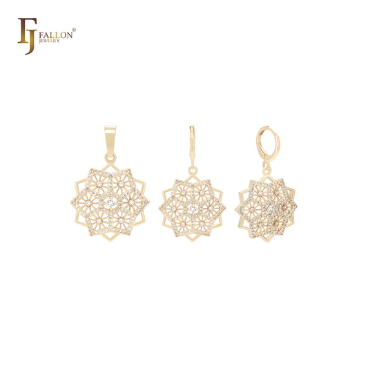 Conjunto de joias em ouro 14K com pingente e estrela de floco de neve em formato de estrela CZS branco
