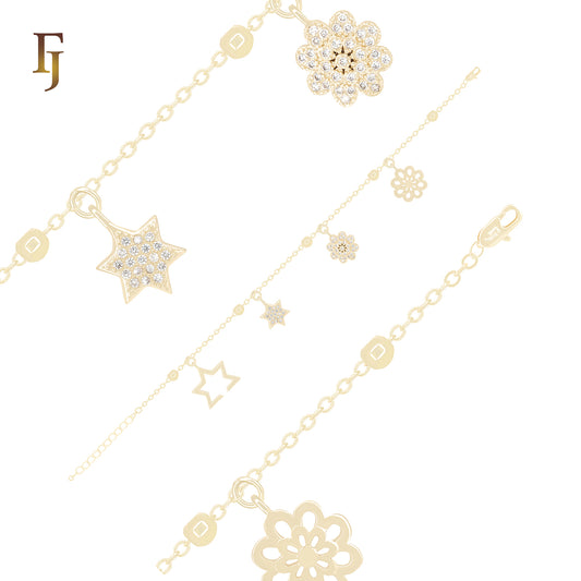Star and Flower Charm Bracelet for Girls | CZ Crystal 14K Gold Plated Adjustable Jewelry – FJ Jewelry