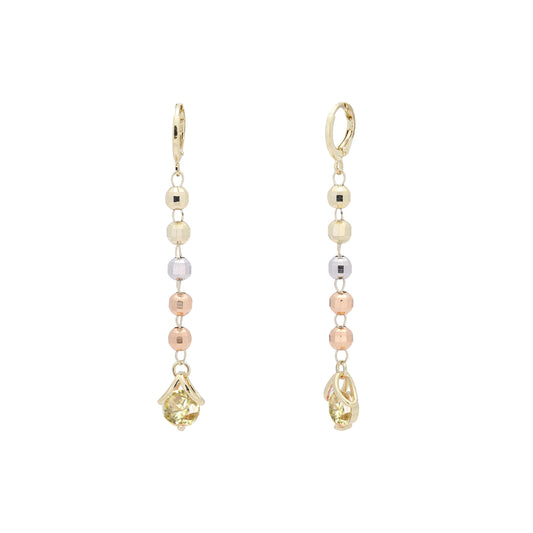 Beads and solitaire drop huggie earrings plated in 14K Gold two tone color