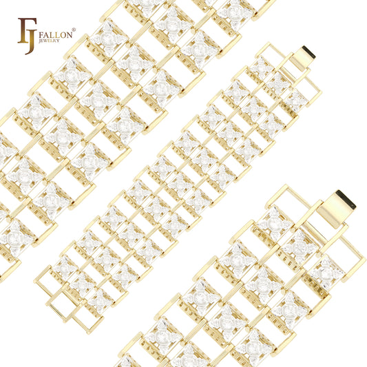 Lujosas pulseras de oro de 14 quilates con circonitas blancas y flores de tres hileras