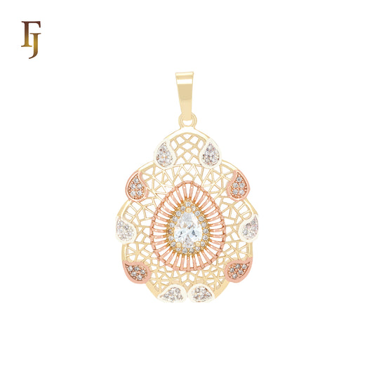 Pear shaped radioactive white CZs paved 14K Gold, three tone Filigree Pendant