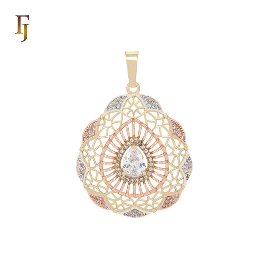 Pear shaped radioactive white CZs paved 14K Gold, three tone Filigree Pendant