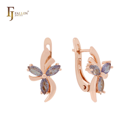 Flower of butterfly white CZs Rose Gold Russian Lock Earrings