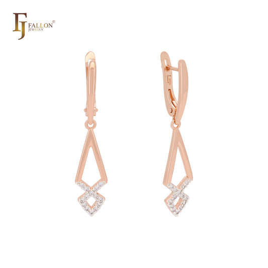 Drop arrow head with white CZs Rose Gold two tone Russian Lock Earrings