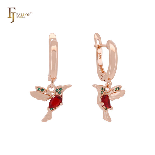Humming Bird of Colorful CZs Rose Gold Russian Lock Earrings
