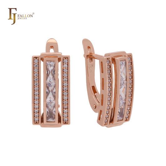 Double row of white CZs and baguette Colorful CZs Rose Gold Russian Lock Earrings