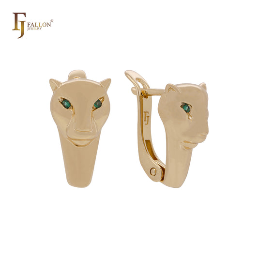 The leopard emerald eyes 14K Gold, white Gold, Rose Gold Russian Lock Earrings