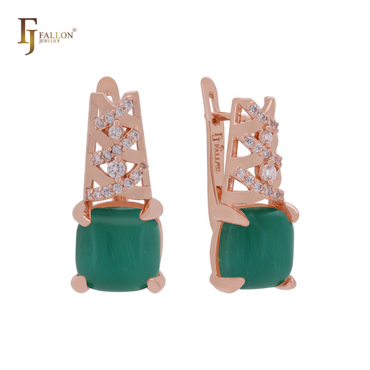 Solitaire big squared cabochon CZ Rose Gold, 14K Gold two tone Russian Lock Earrings