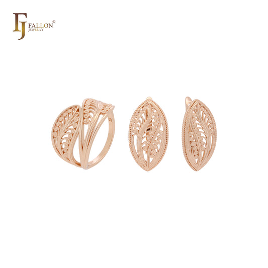 Conjunto de joias em ouro rosa com filigrana oval marquise de galhos de árvore e anéis