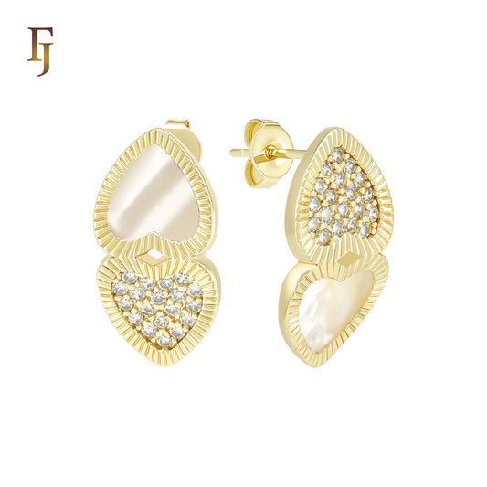 Hearty Heart double disc of white or black onyx and white CZs cluster 14K Gold, Rose Gold Stud Earrings