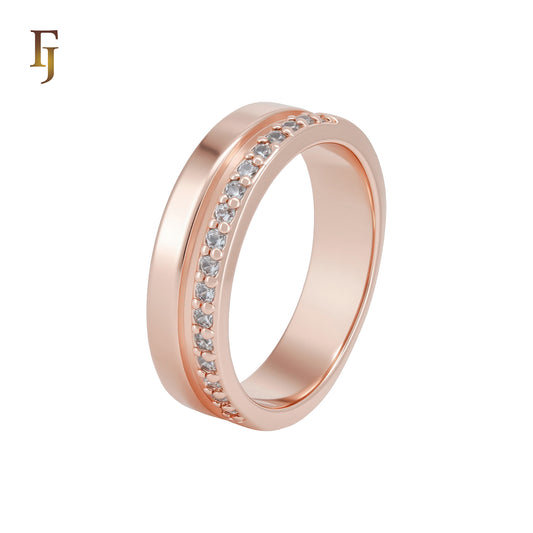 Glossy Half Paved White Elegant Rose Gold Wedding Band Rings