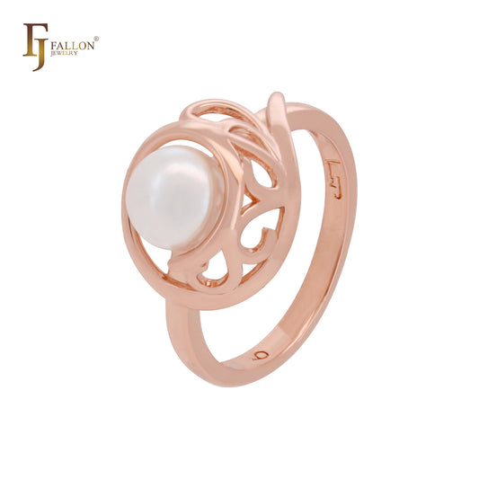 Elegantes anillos de moda de oro rosa con perla redonda en garras
