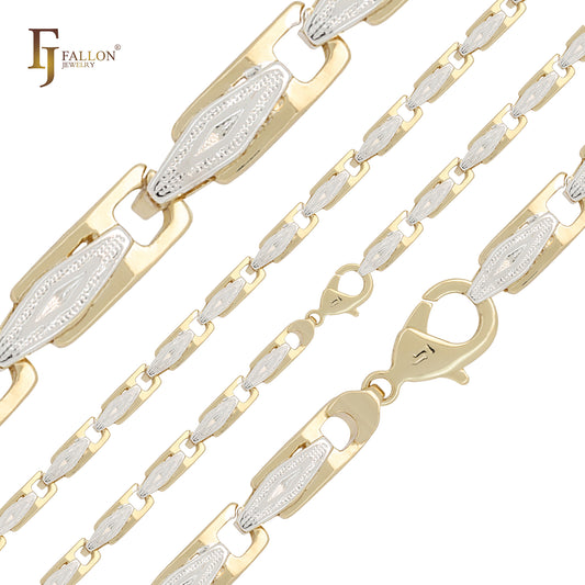Colar com pulseiras e correntes em dois tons de ouro 14K com fivela elegante e elos em losango