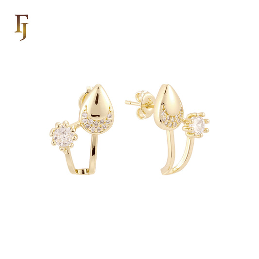 Pear shape crescent and solitaire white CZs 14K Gold, Rose Gold Stud Earrings