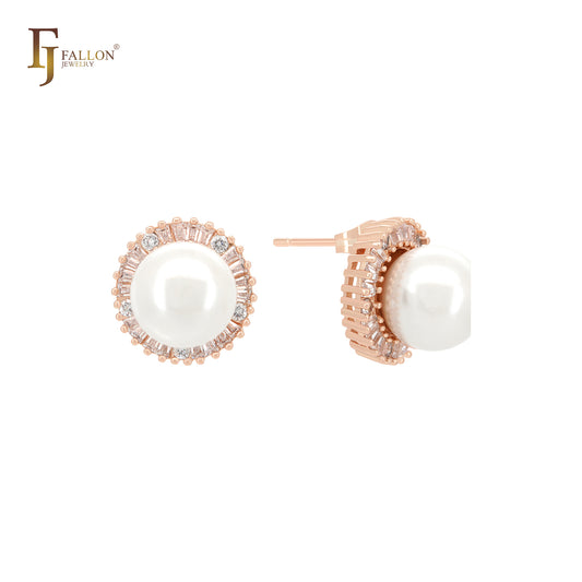 Pendientes de botón de oro rosa con perla solitaria y halo de circonitas cúbicas