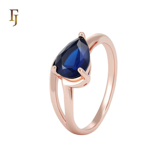 Solitaire teardrop deep blue CZ Rose Gold Fashion Rings