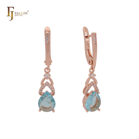Hearty heart drop lake blue cz Rose Gold Russian Lock Earrings