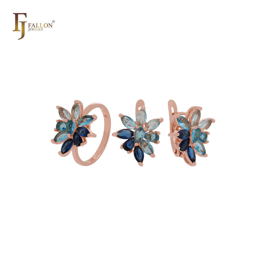 Conjunto de joias em ouro rosa com anéis e luxuoso buquê de zircônias cúbicas marquise brancas ou azuis