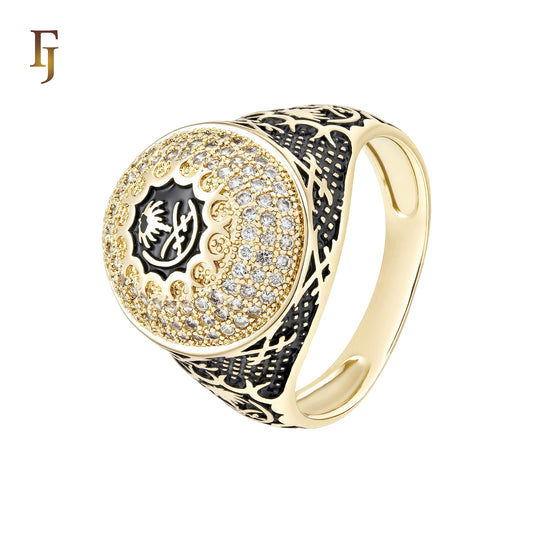 Luxurious Cluster Big white CZs flower painted black Signet 14K Gold Men's Rings