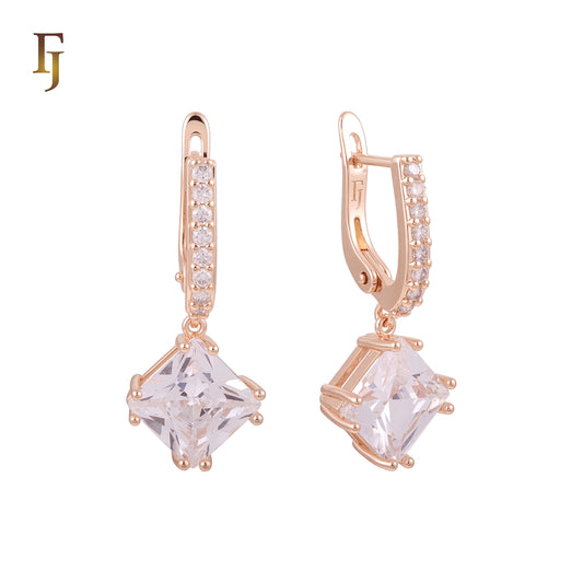 Solitaire Assscher Cut white CZs Rose Gold drop Russian Lock Earrings