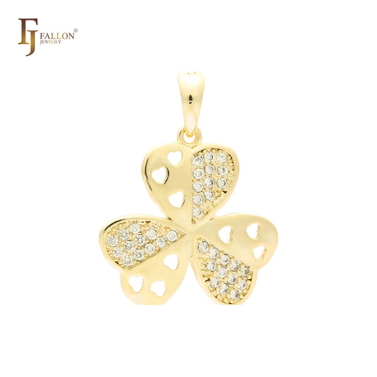 Triple Heart of white CZs Clover 14K Gold Pendant
