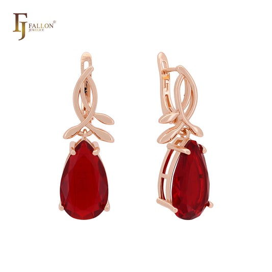 Pear shape Solitaire Colorful CZ Rose Gold Russian Lock Earrings