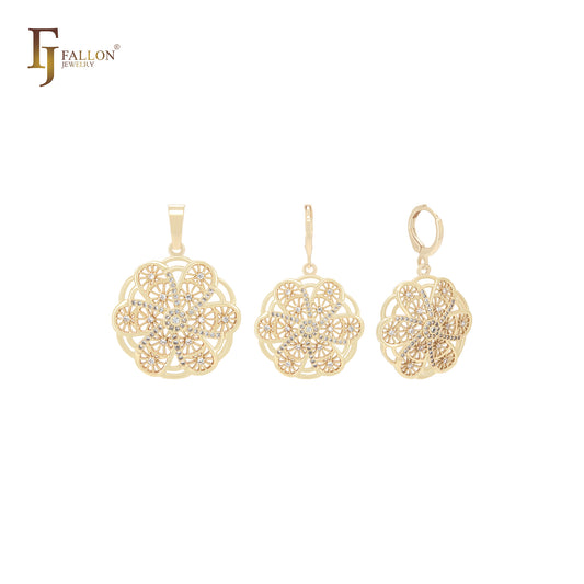 Conjunto de joias de ouro 14K com pingente em formato de flor de moinho de vento hexagonal