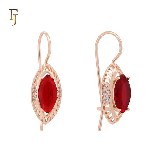 Oval Wire Hook Earrings with Rose Gold Plating and Multi-Color Gemstones | Size 11.2×22mm | FJ Jewelry